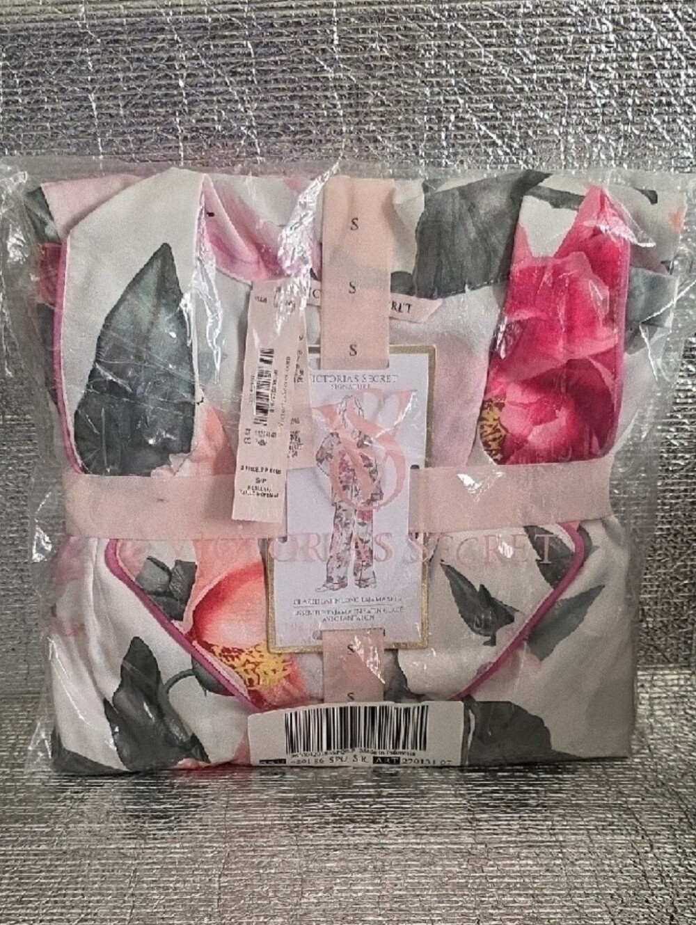 Victoria's Secret Pink Floral Satin Pajama Set - White, Pink, Green
